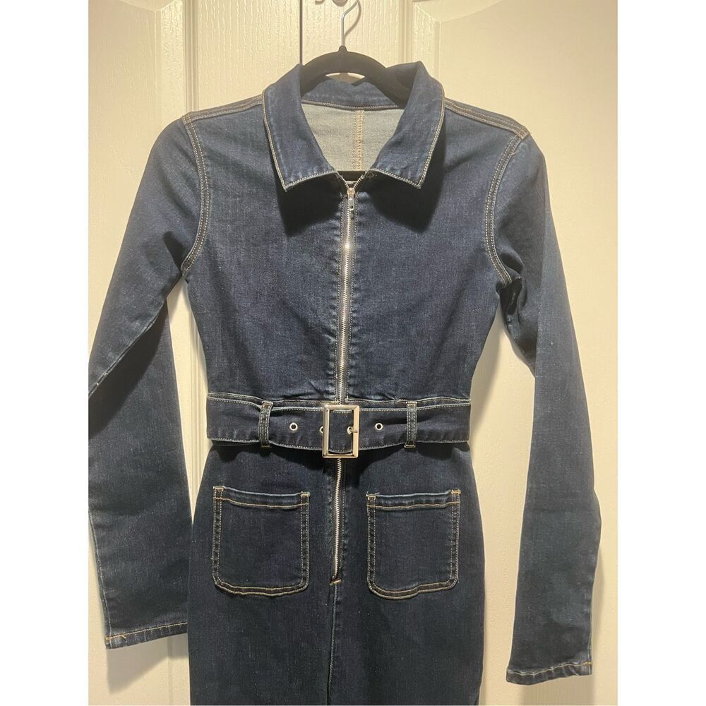Vintage front zip tie waist jumpsuit in mid wash COLOUR: Dark wash size S - Picture 8 of 9